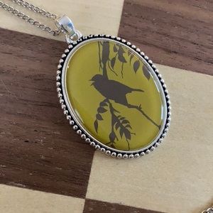 Yellow and Gray Bird Pendant necklace silver tone